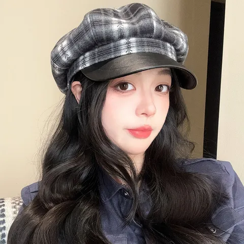 Women Plaid Newsboy Cap Faux Leather Brim Retro British Style Octagonal Hat Checkered Baker Boy Painter Hat For Winter