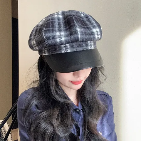 Women Plaid Newsboy Cap Faux Leather Brim Retro British Style Octagonal Hat Checkered Baker Boy Painter Hat For Winter