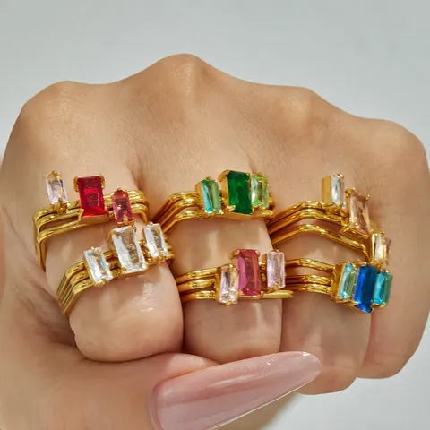 Luxury Stainless Steel Open Ring Multi-Layer Geometric Rectangle Rhinestone Adjustable Finger Ring For Women Fashion Jewelry Accessories
