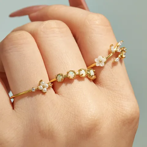 Elegant Stainless Steel Flower Rhinestone Artificial Pearl Open Rings For Women Dainty Minimalist Jewelry Accessory Gift