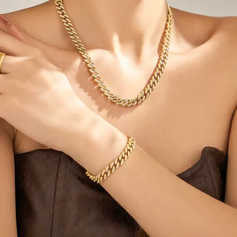 Stainless Steel Gold Plated Zirconia Cuban Chain Jewelry Set Minimalist Niche Choker Necklace And Bracelet For Women Jewelry Gift