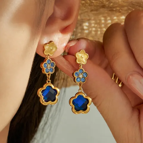 French Vintage Stainless Steel Gold Plated Flower Earrings Bracelet Set Glass Zirconia Jewelry For Women Party Gift