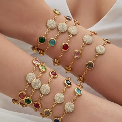 Luxury Stainless Steel Round Colorful Zirconia Bracelet Earring Jewelry Set Minimalist Geometric Gemstone Jewelry For Women Gift