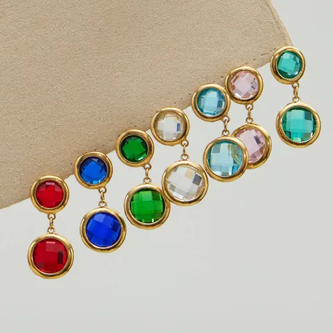 Luxury Stainless Steel Round Colorful Zirconia Bracelet Earring Jewelry Set Minimalist Geometric Gemstone Jewelry For Women Gift