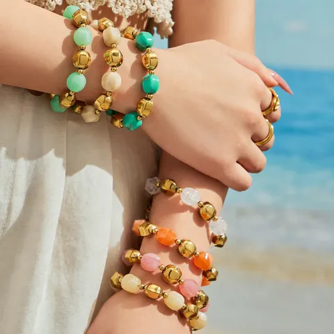 Women Stainless Steel Resin Bead Jewelry Set Retro Chic Round Bead Necklace Bracelet Gold Silver Plated Jewelry Gift