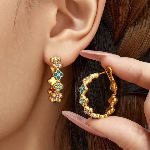 Pendientes de Trébol de Cuatro Hojas de Acero Inoxidable Circonia Lujo Ligero Circonita Colorida Retro Aros Geométricos Joyería Mujer Regalo