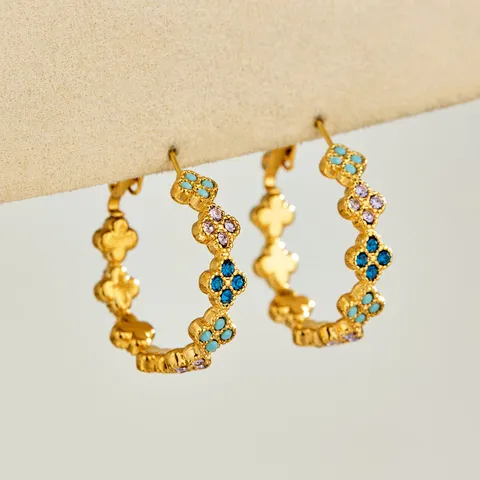 Pendientes de Trébol de Cuatro Hojas de Acero Inoxidable Circonia Lujo Ligero Circonita Colorida Retro Aros Geométricos Joyería Mujer Regalo