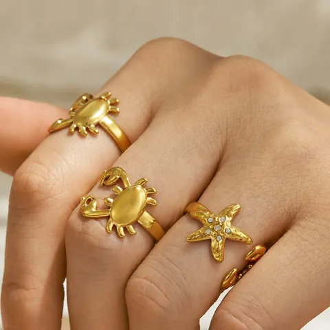 Stainless Steel Starfish Crab Open Ring For Women Rhinestone Sea Animal Ocean Theme Beach Adjustable Finger Jewelry Gift