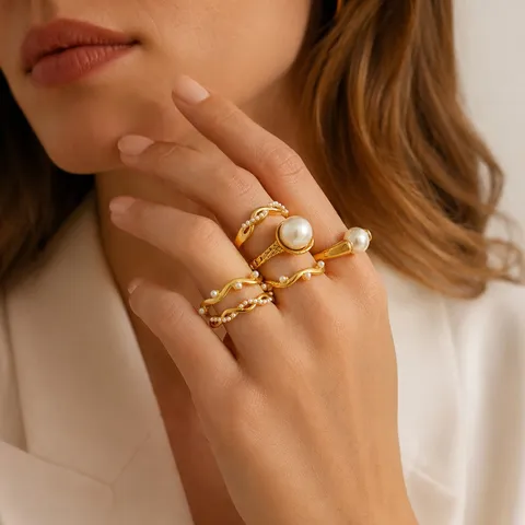 Irregular Curved Winding Artificial Pearl Ring 18K Gold Plated Stainless Steel Minimalist Finger Ring Jewelry For Women