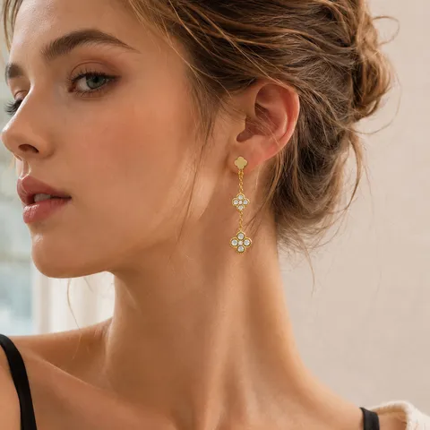 Lussuosi Orecchini a Pendolo in Acciaio Inossidabile Zirconia a Trifoglio per Donna Placcati in Oro Doppio Strato Catena Lunga Ipoallergenici Geometrici Regalo Festa