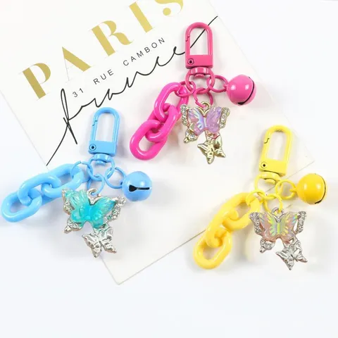 Kleurrijk 3D Vlinder Sleutelhanger Hars Ketting Metalen Tas Bedel Schattig Strass Hanger Sleutelhanger Mode Accessoires