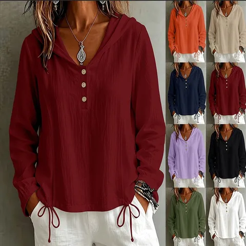 Top Casual Tinta Unita Con Cappuccio Manica Lunga Da Donna Collo A V Coulisse Bottone Ampia Moda Camicetta Camicia Per Uso Quotidiano
