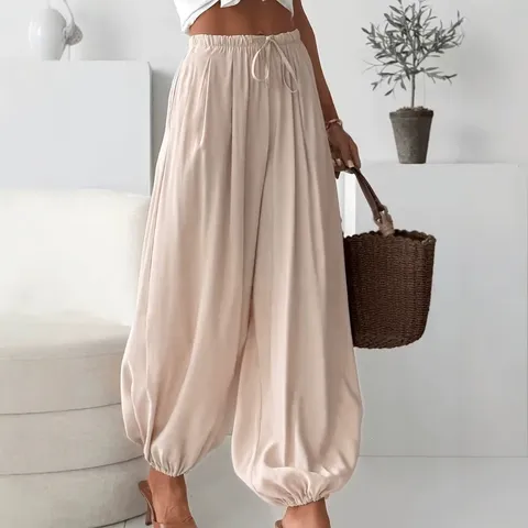 Dames Casual Boho Katoen-Polyester Losse Harembroek Zomer Hoge Taille Trekkoord Lichtgewicht Ademende Effen Broek