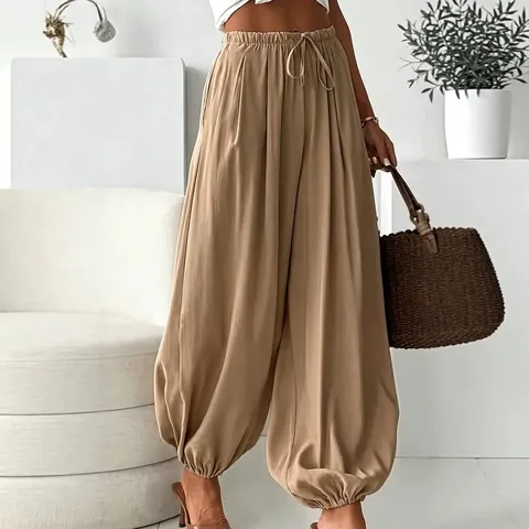 Dames Casual Boho Katoen-Polyester Losse Harembroek Zomer Hoge Taille Trekkoord Lichtgewicht Ademende Effen Broek