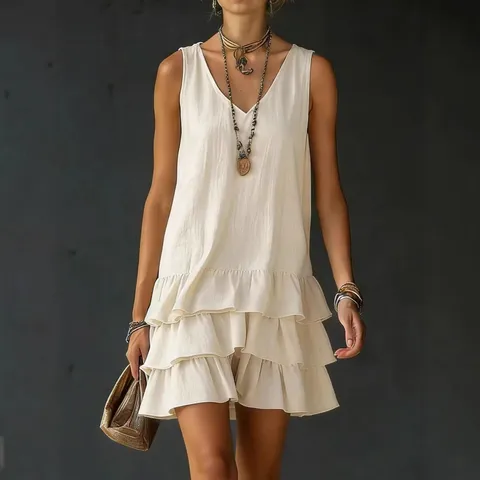 Dames Casual Effen Kleur V-Hals Mouwloos Gelaagde Volant Zoom Midi Trägerkleid Zomer Mode Dagelijkse Kleding