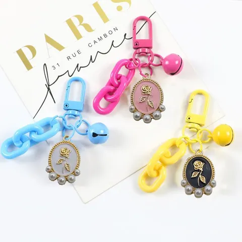 Alloy Rose Flower Pearl Keychain DIY Bag Pendant Bell Key Ring Versatile Car Key Holder Women Fashion Jewelry Accessory