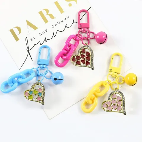 Colorful Heart Drip Oil Rhinestone Keychain Cute Bag Pendant Metal Chain Key Ring Jewelry Gift