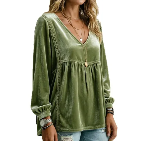 Camicetta da Donna Casual con Scollo a V e Manica Lunga in Velluto Tinta Unita
