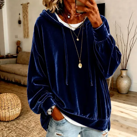 Damen Casual Samt Hoodie Langer Ärmel Kordelzug Einfarbig Loses Sweatshirt Pullover Top
