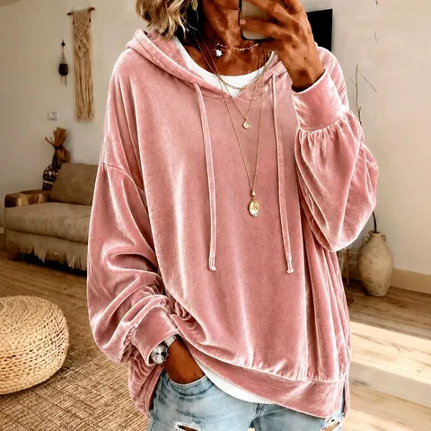 Damen Casual Samt Hoodie Langer Ärmel Kordelzug Einfarbig Loses Sweatshirt Pullover Top