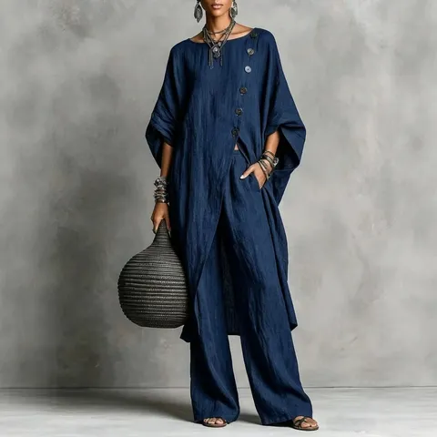 Damen Casual Asymmetrisches Hemd Und Weites Bein Hosen Set Mode Urban Langarm Oberteil Und Unterteil Passende Outfits