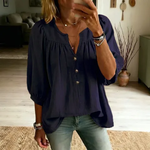 Donne Casual Scollo a V Manica Tre Quarti Tinta Unita Largo T-Shirt Estate Base Moda Patchwork Top Blusa