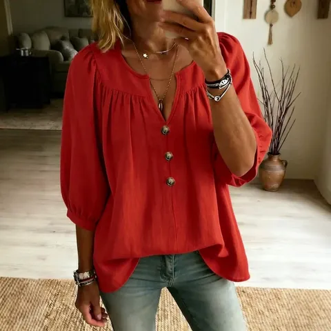 Donne Casual Scollo a V Manica Tre Quarti Tinta Unita Largo T-Shirt Estate Base Moda Patchwork Top Blusa