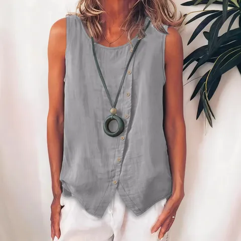 Canotta Casual Senza Maniche da Donna Tinta Unita Girocollo Monopetto Bottone Larga Blusa Estiva Moda