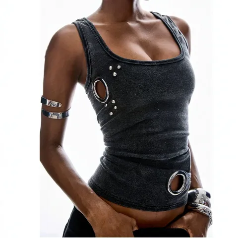Γυναικείο Στενό Πλεκτό Rib Tank Top Μονόχρωμο Αμάνικο Λαιμόκοψη U Μεταλλικές Τρύπες Στυλ Δρόμου