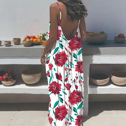 Women Casual Boho Floral Print Sleeveless Maxi Dress Backless Cami Dress Summer Beach Vacation Long Party Dress