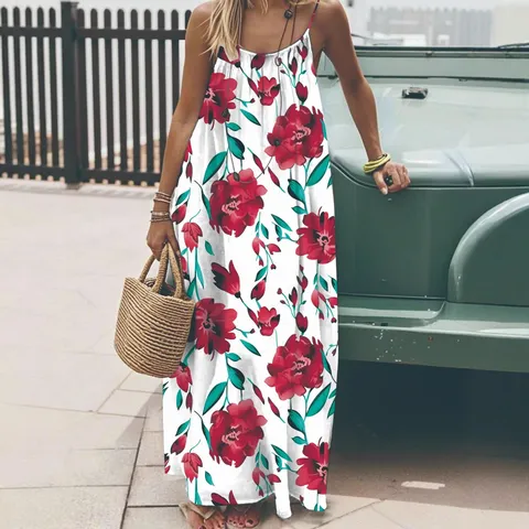 Women Casual Boho Floral Print Sleeveless Maxi Dress Backless Cami Dress Summer Beach Vacation Long Party Dress