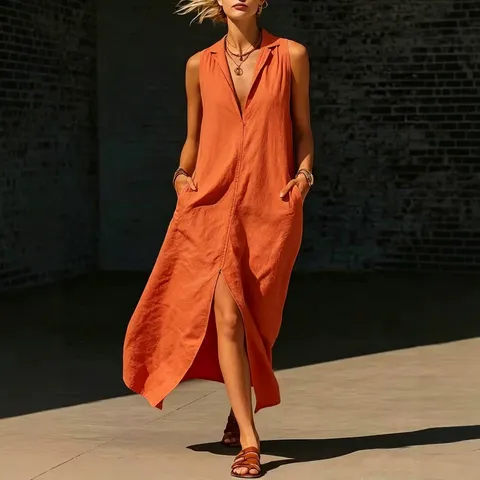 Abito Lungo Maxi Casual Senza Maniche con Collo a Risvolto e Tasca con Spacco in Poliestere Tinta Unita da Donna