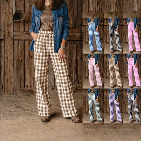 Pantalon Droit Ample à Carreaux Décontracté pour Femme Taille Haute Cordon de Serrage Poche Long Automne Hiver Mode