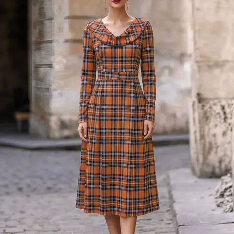 Women's Vintage Plaid Long Sleeve Turn Down Collar A-Line Maxi Dress Casual Autumn Winter Loose Fit Elegant Dress