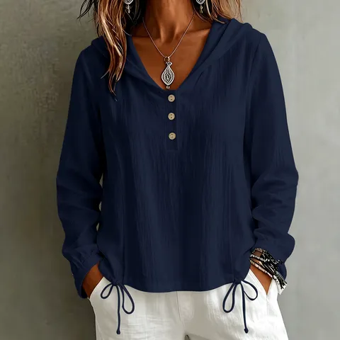 Top Casual Tinta Unita Con Cappuccio Manica Lunga Da Donna Collo A V Coulisse Bottone Ampia Moda Camicetta Camicia Per Uso Quotidiano
