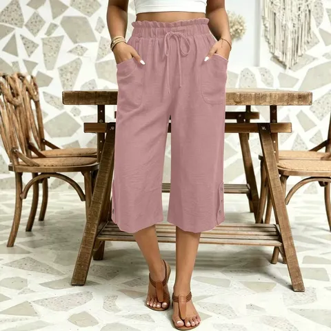 Women's Casual Loose Solid Color Drawstring Mid-Waist Polyester Short Pants Summer Fashion Leisure Straight Leg Bottoms