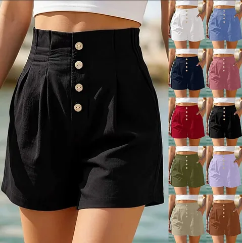 Women's Casual High Waist Solid Color Shorts Summer Beach Fashion Elegant Versatile Button Short Pants Comfortable Daily Wear
