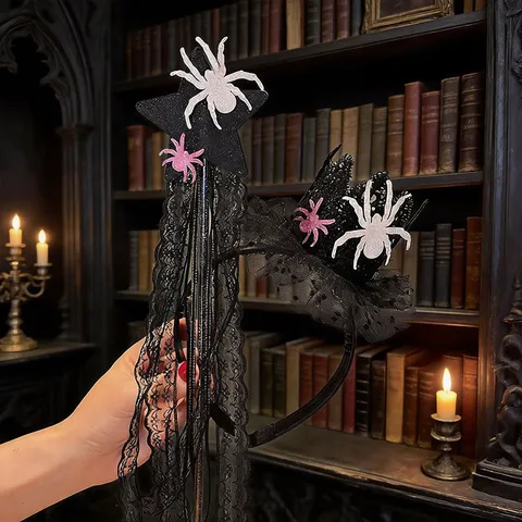 Halloween Encaje Negro Araña Bruja Corona Diadema Y Varita Mágica Accesorios Pelo