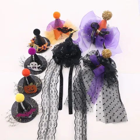 Halloween Fabric Wizard Witch Hat Hair Accessories For Kids Party Mesh Lace Bowknot Pumpkin Bat Ghost DIY Headwear Decorative Materials