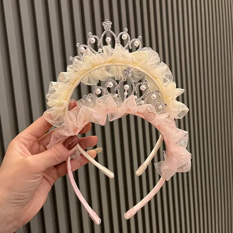 Kids Princess Crown Headband Girls Birthday Tiaras Forest Style Hair Accessories Rhinestone Artificial Pearl Hair Band