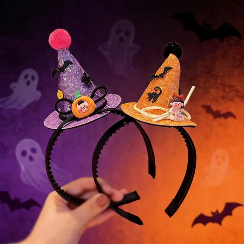 Halloween Kids Witch Hat Headband Glitter Sequin Hair Clip Pumpkin Skull Bat Hair Accessories Party Decor