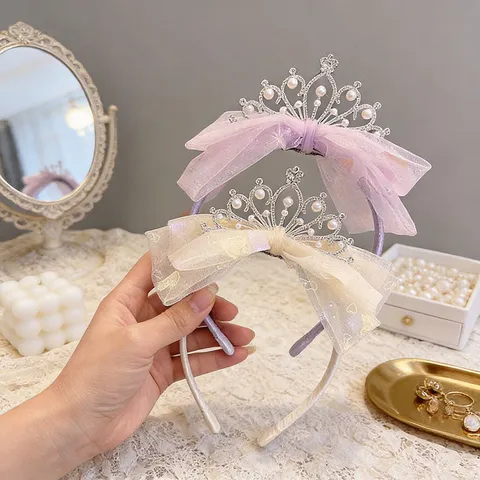 Princess Crown Mesh Bow Headband For Girls Kids Birthday Party Artificial Pearl Rhinestone Hair Band Accessory