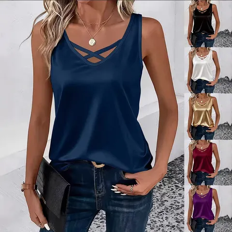 Women's Casual Solid Color Satin Silk V-Neck Sleeveless Camisole Cross Strap Tank Top Summer Fashion Basic Outerwear