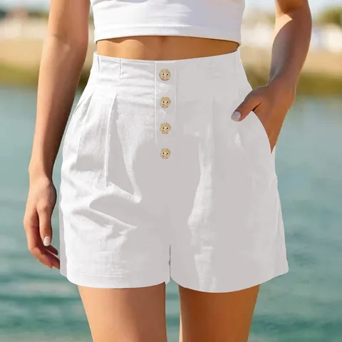 Women's Casual High Waist Solid Color Shorts Summer Beach Fashion Elegant Versatile Button Short Pants Comfortable Daily Wear