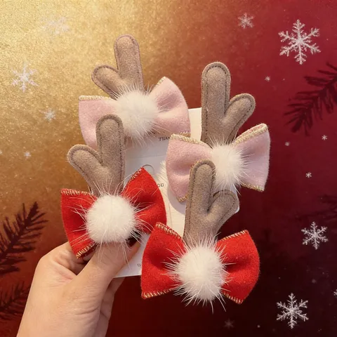 Noël Bois de Renne Pinces à Cheveux Enfants Mignon Nœud Papillon Pompon Rubans Barrettes Fête Coiffure Cadeaux