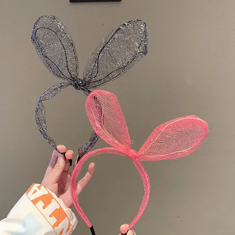 Cute Girlish Mesh Rabbit Ears Headband 3D Bowknot Hair Hoop Handmade Glitter Headwear Casual Party Hair Accessories For Kids Women