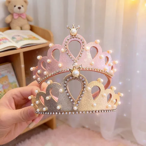 Children Princess Crown Headband Pearl Rhinestone Hair Band Birthday Party Hair Accessories For Little Girls Headwear