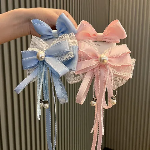 Sweet Japanese Lolita Large Bowknot Hair Clip Fabric Lace Artificial Pearl Tassel Streamers Hairpin For Kids Girls Stage Performance Headwear