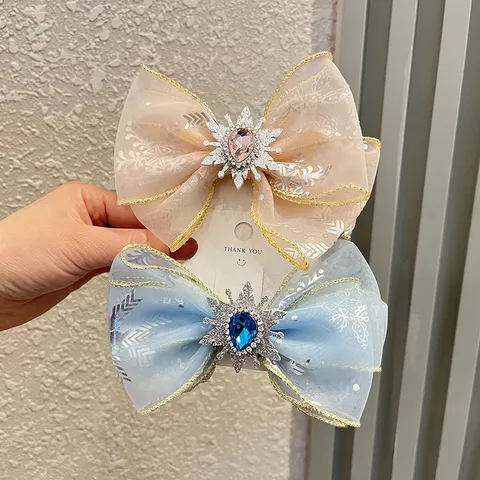 Eisprinzessin Schleife Haarspange Kinder Mädchen Netz Schneeflocke Edelstein Haarnadel Band Zopf Zubehör DIY Handgemacht Schmuck Geschenk