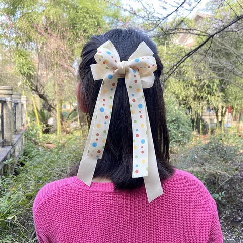 Kids Girls Polka Dot Bow Hair Clip With Long Streamers Creamy White Ribbon Bowknot Hair Accessories Handmade Sweet Princess Hairpin